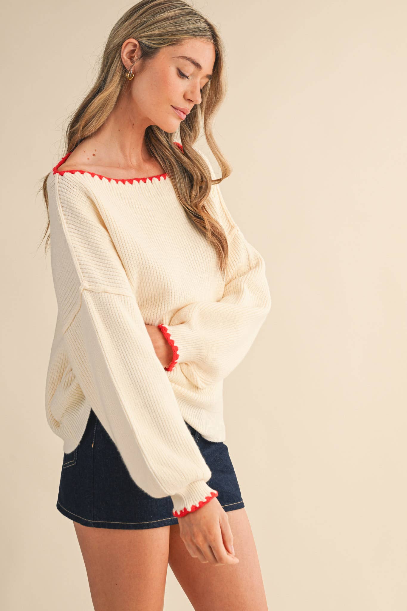 BOAT NECK TRIANGLE STITCH PUFF SLEEVE SWEATER MSW11245: MINT BURGUNDY