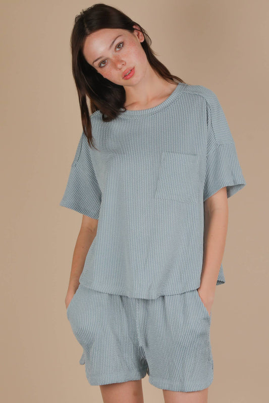 NT12017SET-Oversized Two Tone Double Knit Top & Shorts: SKY BLUE