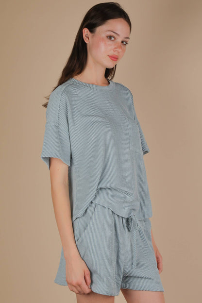 NT12017SET-Oversized Two Tone Double Knit Top & Shorts: SKY BLUE