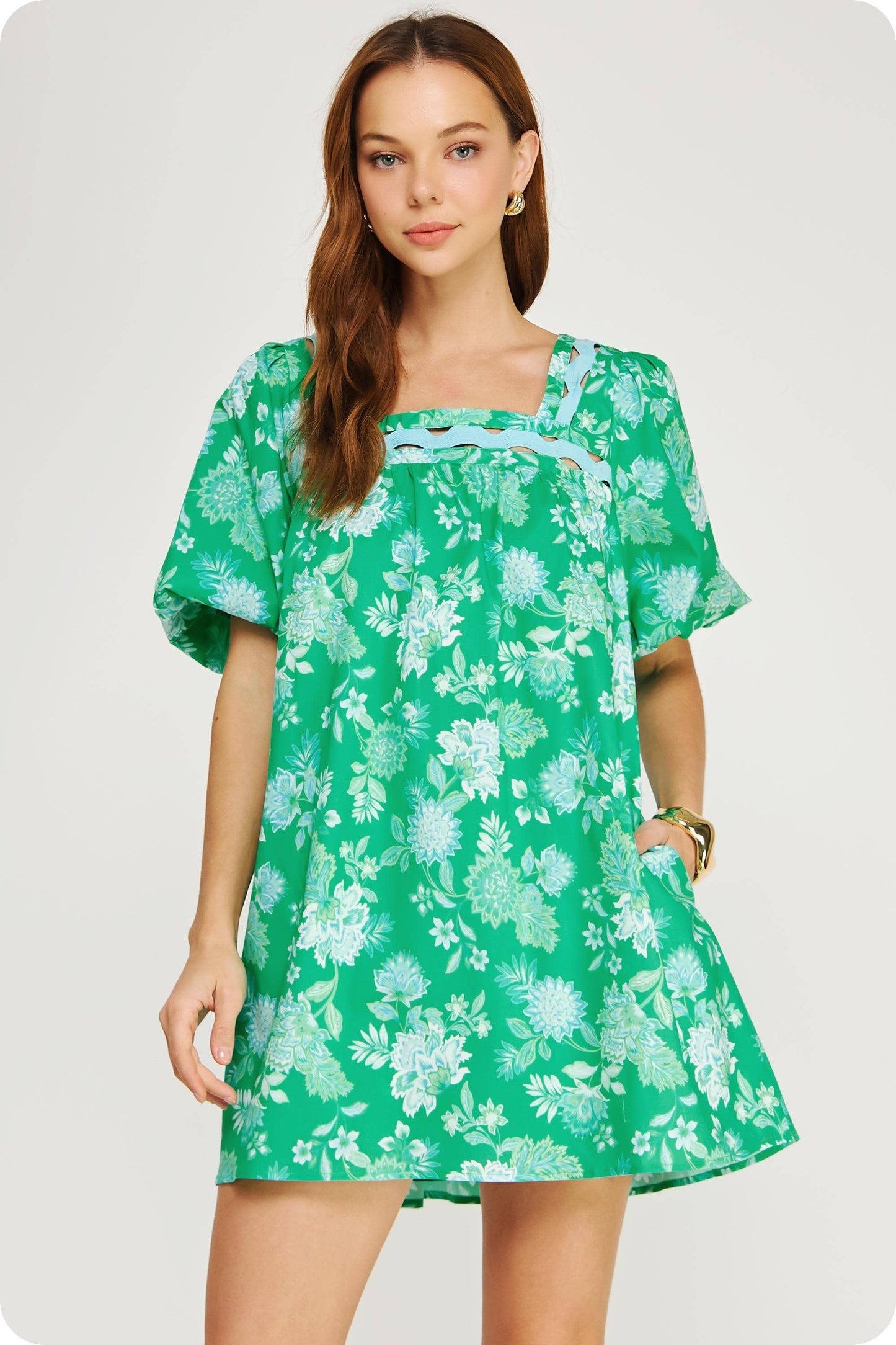Botanical Garden Ric-Rac Puff Sleeve Mini Dress: Green Multi