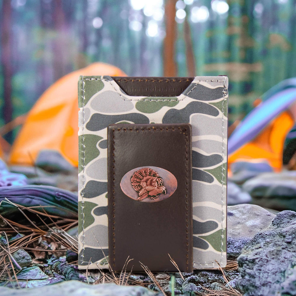 Turkey Men's Magnetic Front Pocket Old School Camo Leather Wallet.: Brown/Tan Camo