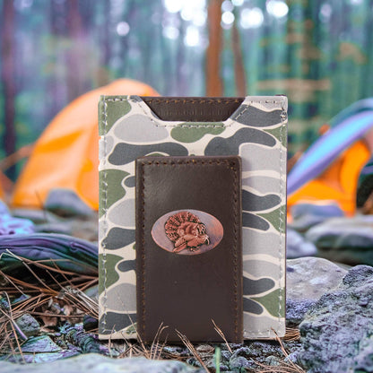 Turkey Men's Magnetic Front Pocket Old School Camo Leather Wallet.: Brown/Tan Camo