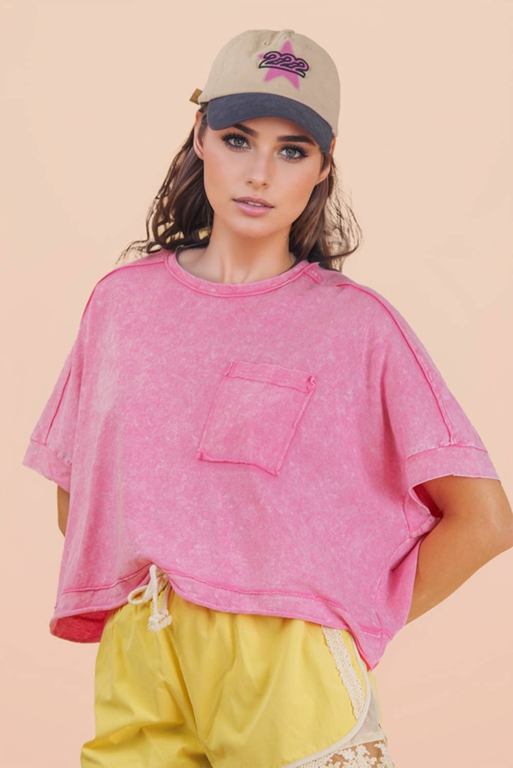 NT11429-Mineral Washed Oversized Crop Comfy Knit Top: BLUE