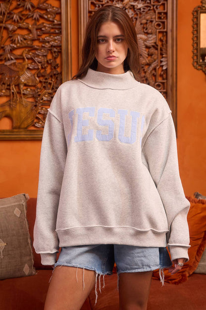 JESUS3 | 'JESUS' Applique Patch Sweatshirt: HGREY/BLUE STRIPE