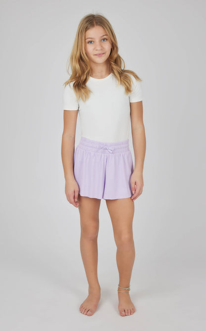 Tween Girls Rib Flutter Running Short w Inner Short: PASTEL LILAC