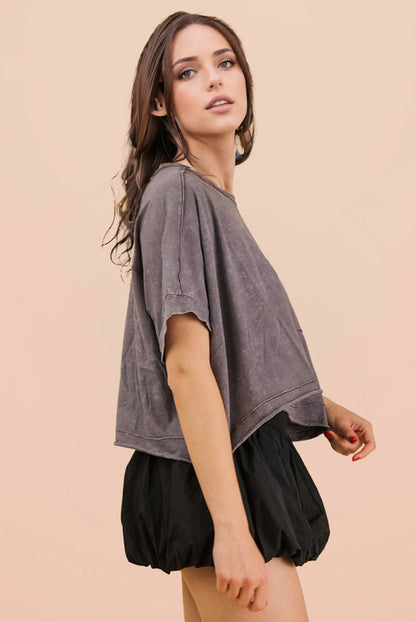 NT11429-Mineral Washed Oversized Crop Comfy Knit Top: BLUE