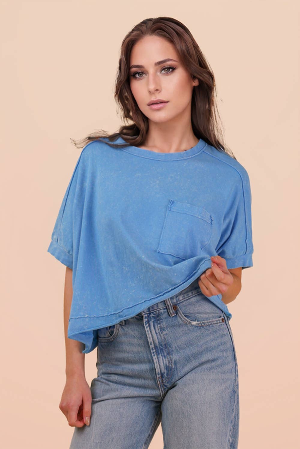 NT11429-Mineral Washed Oversized Crop Comfy Knit Top: BLUE