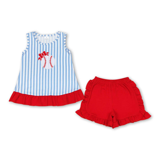 Stripe baseball bow top ruffle shorts girls clothes: Girl set