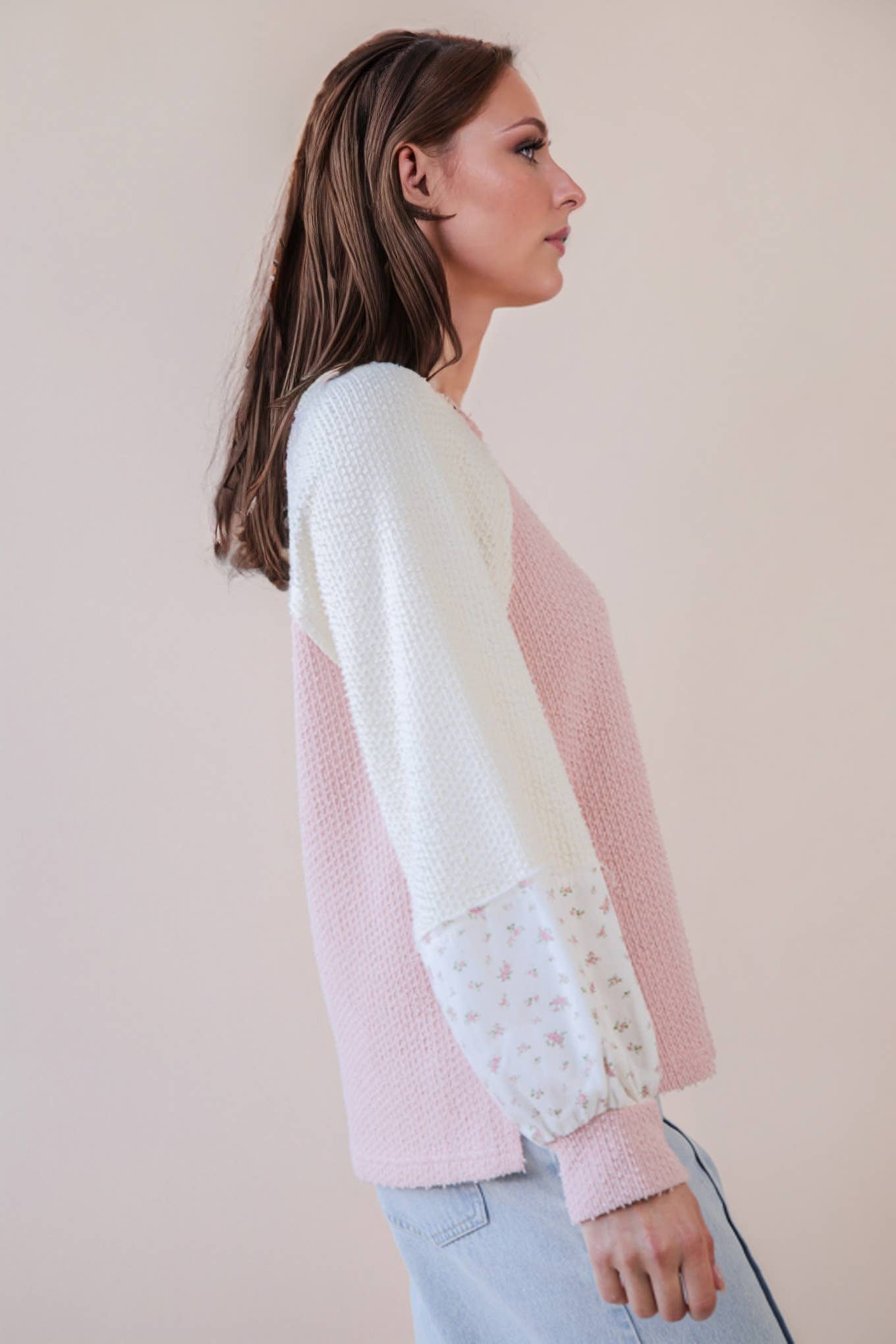 NT12328-Raglan Sleeve Color Block Casual Textured Knit Top: BABY BLUE