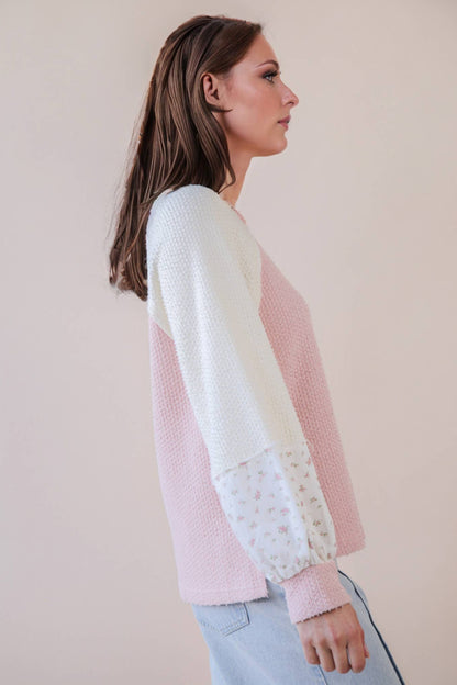 NT12328-Raglan Sleeve Color Block Casual Textured Knit Top: BABY BLUE