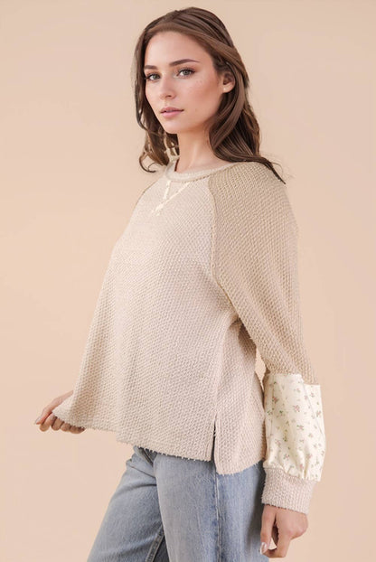 NT12328-Raglan Sleeve Color Block Casual Textured Knit Top: BABY BLUE