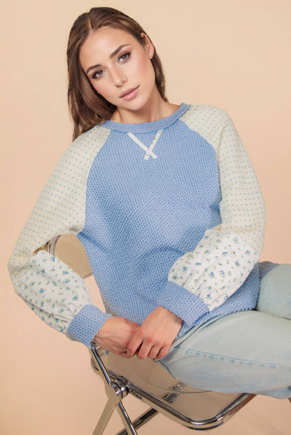 NT12328-Raglan Sleeve Color Block Casual Textured Knit Top: BABY BLUE