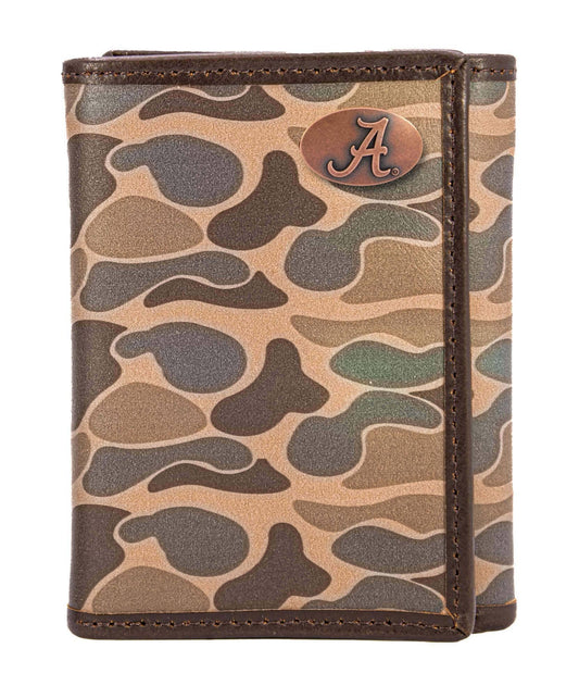 Alabama Crimson Tide Men's Trifold Old School Camo Leather Wallet.: Brown/Tan Camo