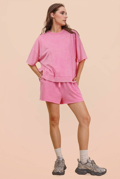 Mineral Washed Knit Casual Top & Shorts: DENIM