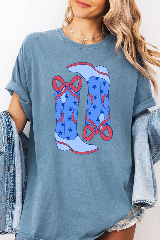 American Cowgirl Boots Graphic Garment Dyed Tee: ICE BLUE