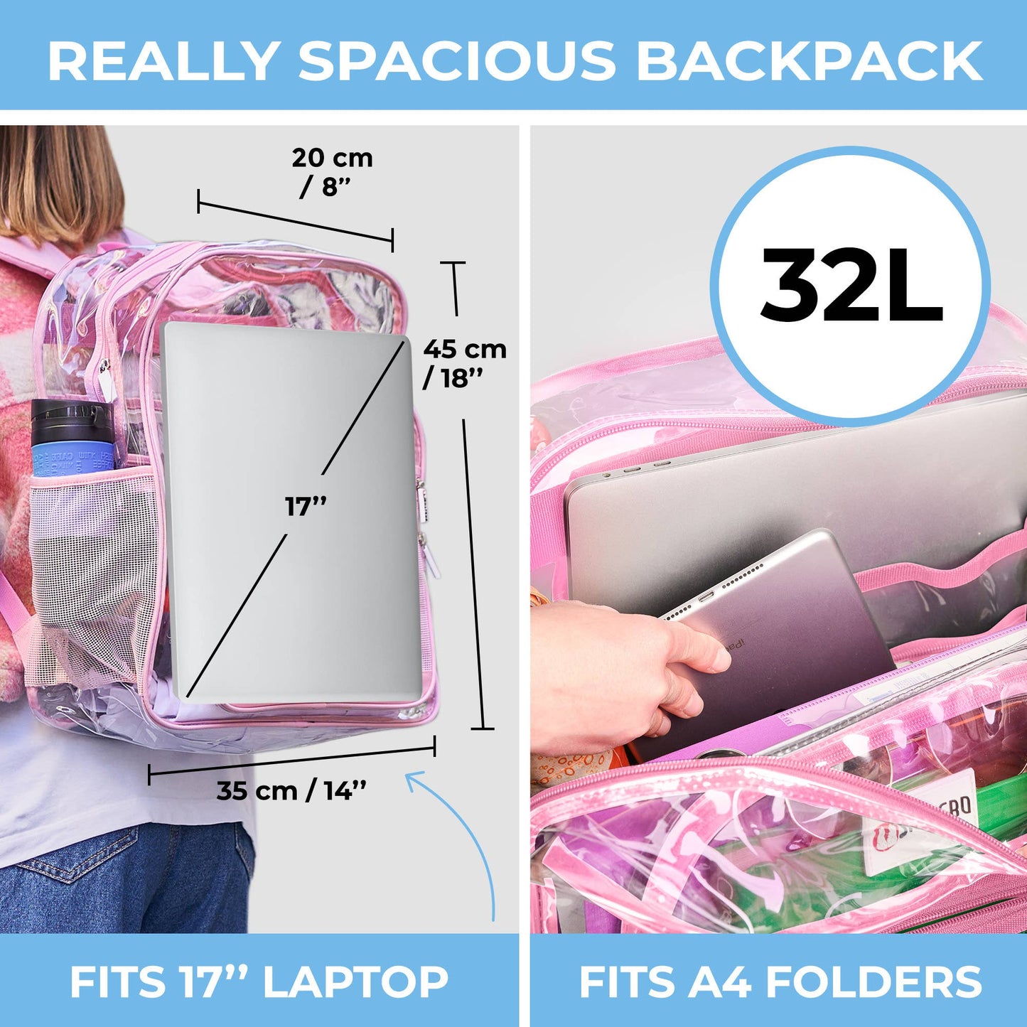 Clear Backpack For School XL | Top YKK® Zip | Pink Rhino: Pink Rhino
