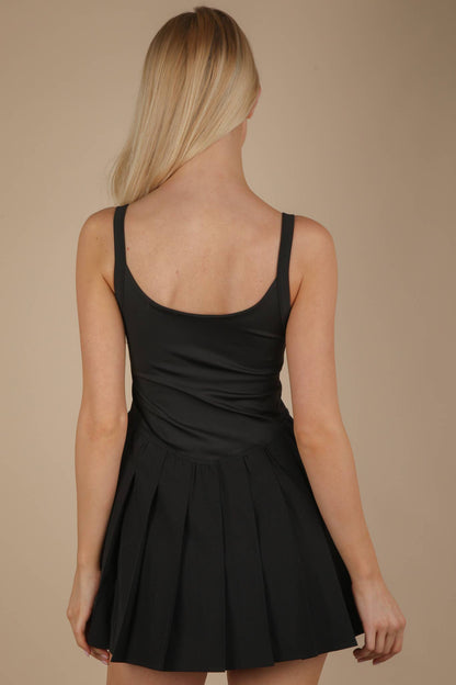 ND31725-Pleated Skirt Activewear Dress W/ Under Shorts: BLACK