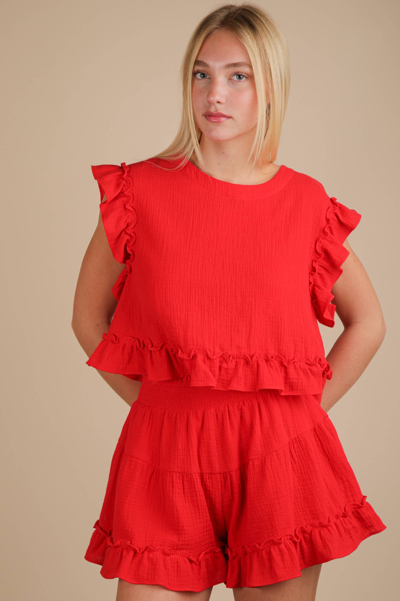 NT12150SET-Ruffled Solid Woven Top & Shorts Set: BLUSH