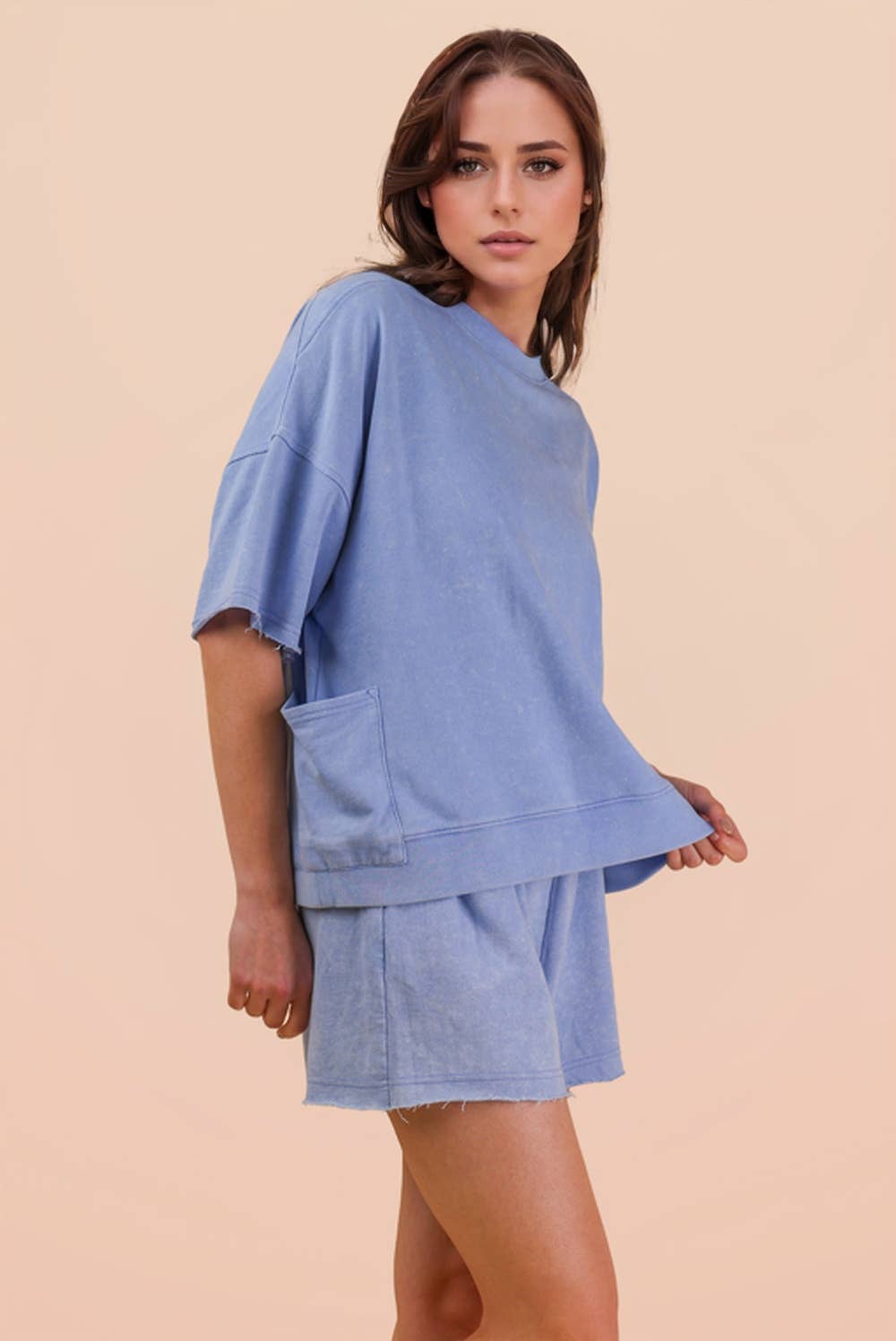 Mineral Washed Knit Casual Top & Shorts: DENIM