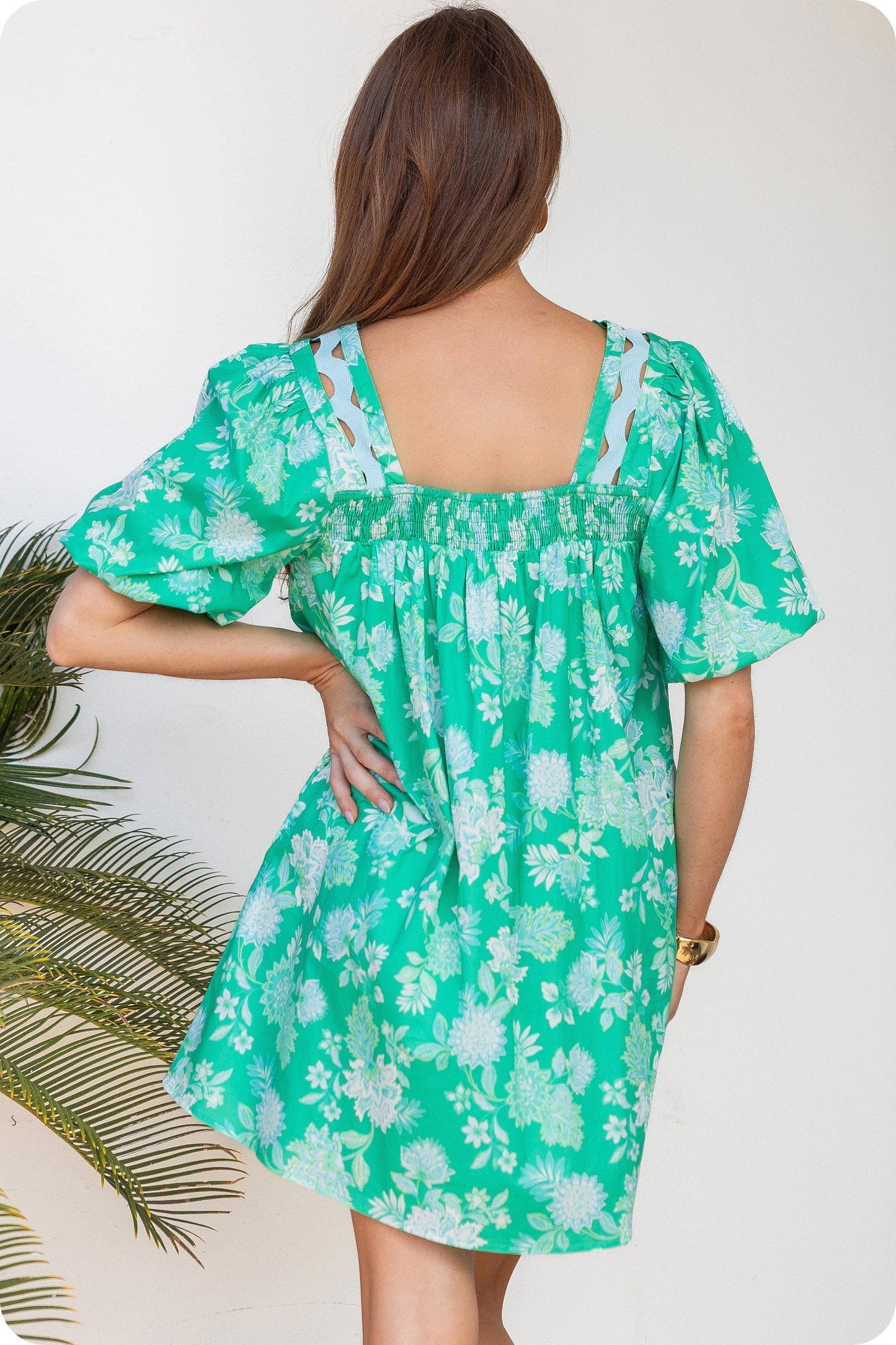 Botanical Garden Ric-Rac Puff Sleeve Mini Dress: Green Multi