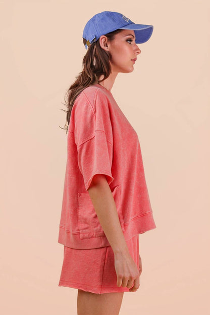 Mineral Washed Knit Casual Top & Shorts: DENIM