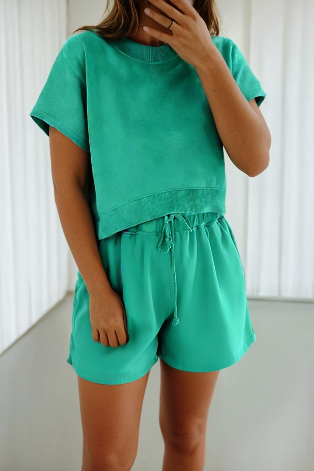 Solid Loose Tee Drawstring 2pcs Shorts Sets : Sea Green / Missy