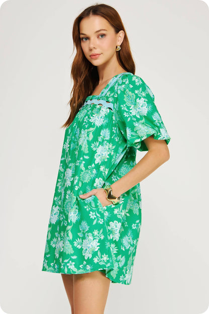 Botanical Garden Ric-Rac Puff Sleeve Mini Dress: Green Multi