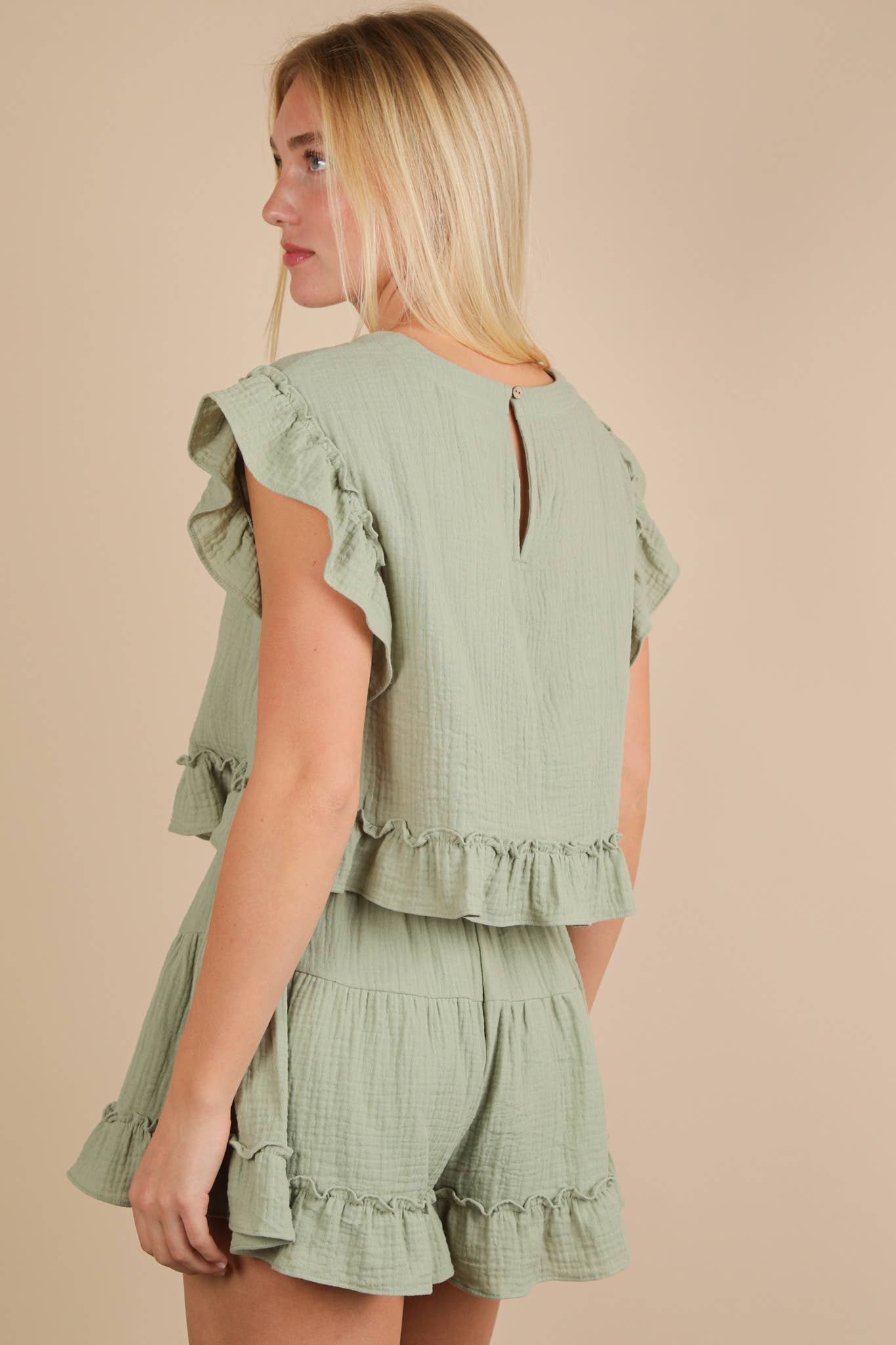 NT12150SET-Ruffled Solid Woven Top & Shorts Set: SAGE
