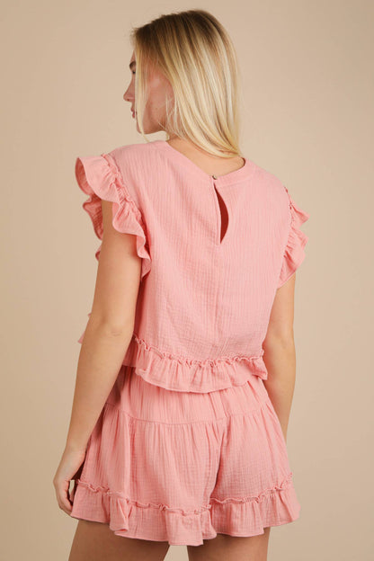 NT12150SET-Ruffled Solid Woven Top & Shorts Set: SAGE
