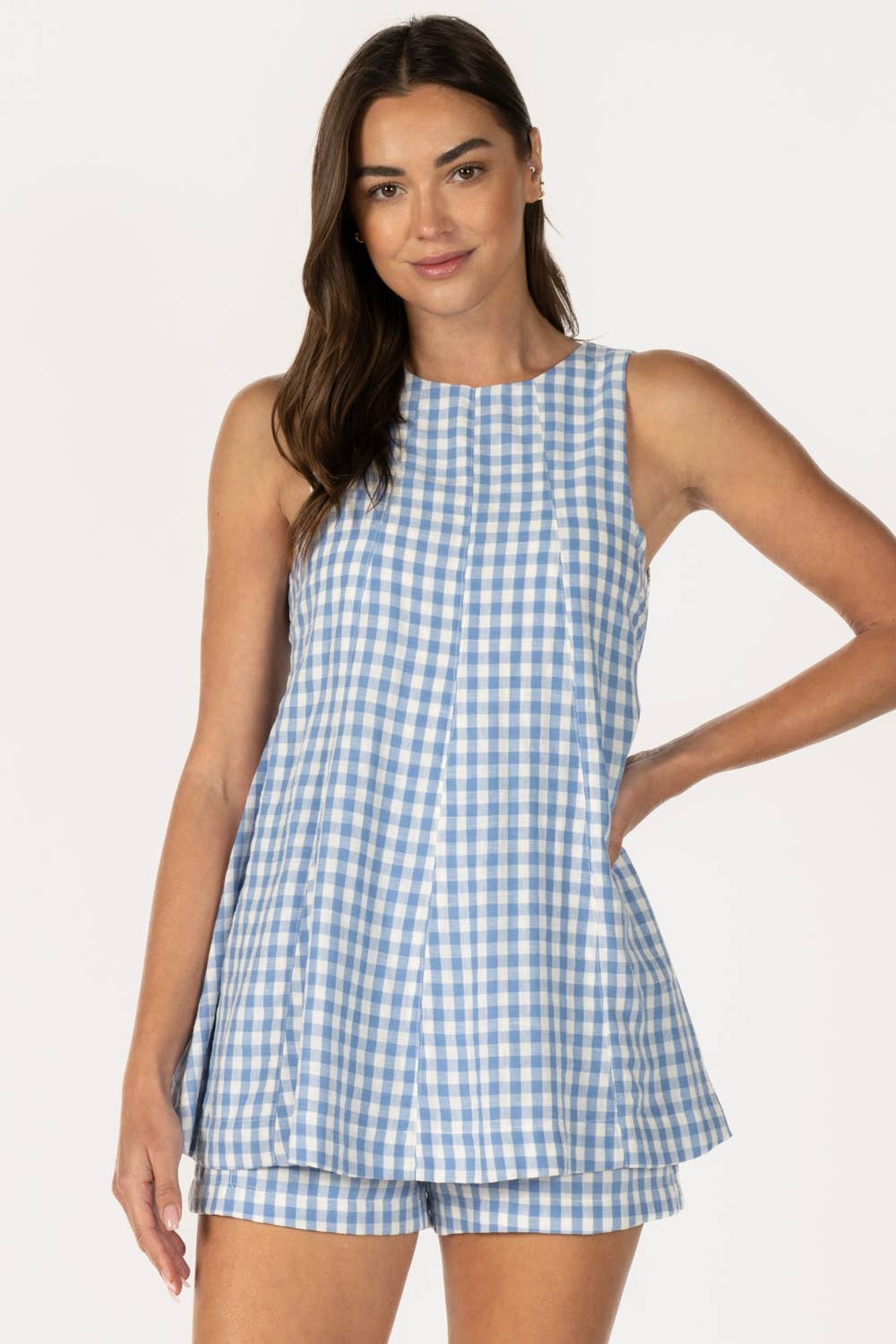 Gingham Sleeveless Baby doll Romper - BLUE