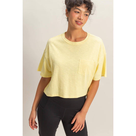 Boxy Crew Neck Top With Pocket: PALE YELLOW