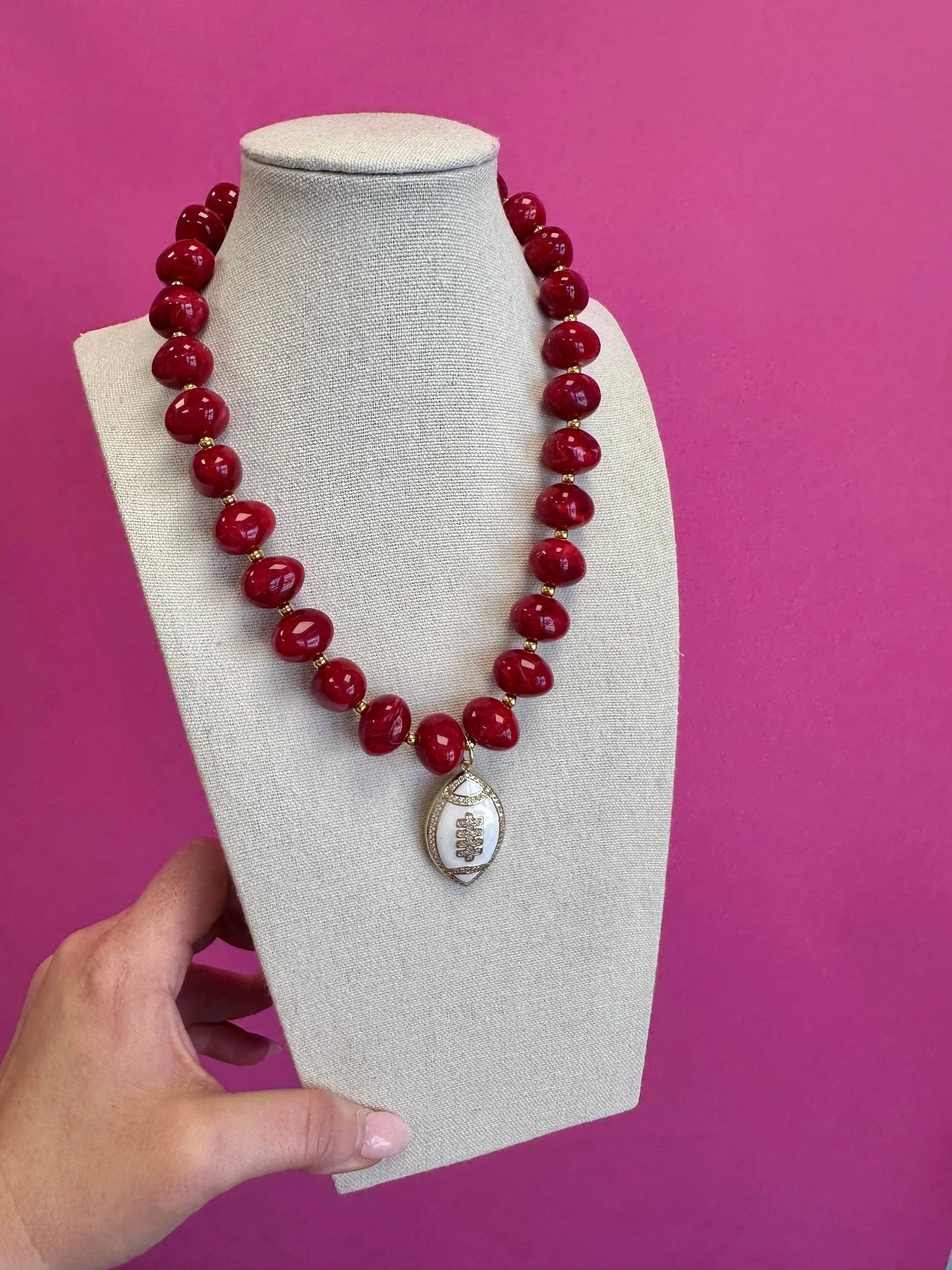Game Day Football Charm Beaded Necklace - Red and White