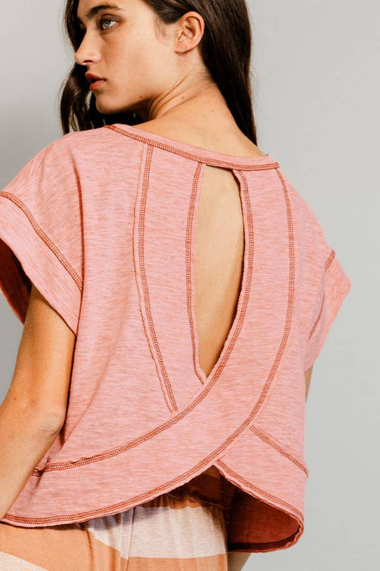 Overlap Open Back Reverse Stitched Crop Top: PEACH