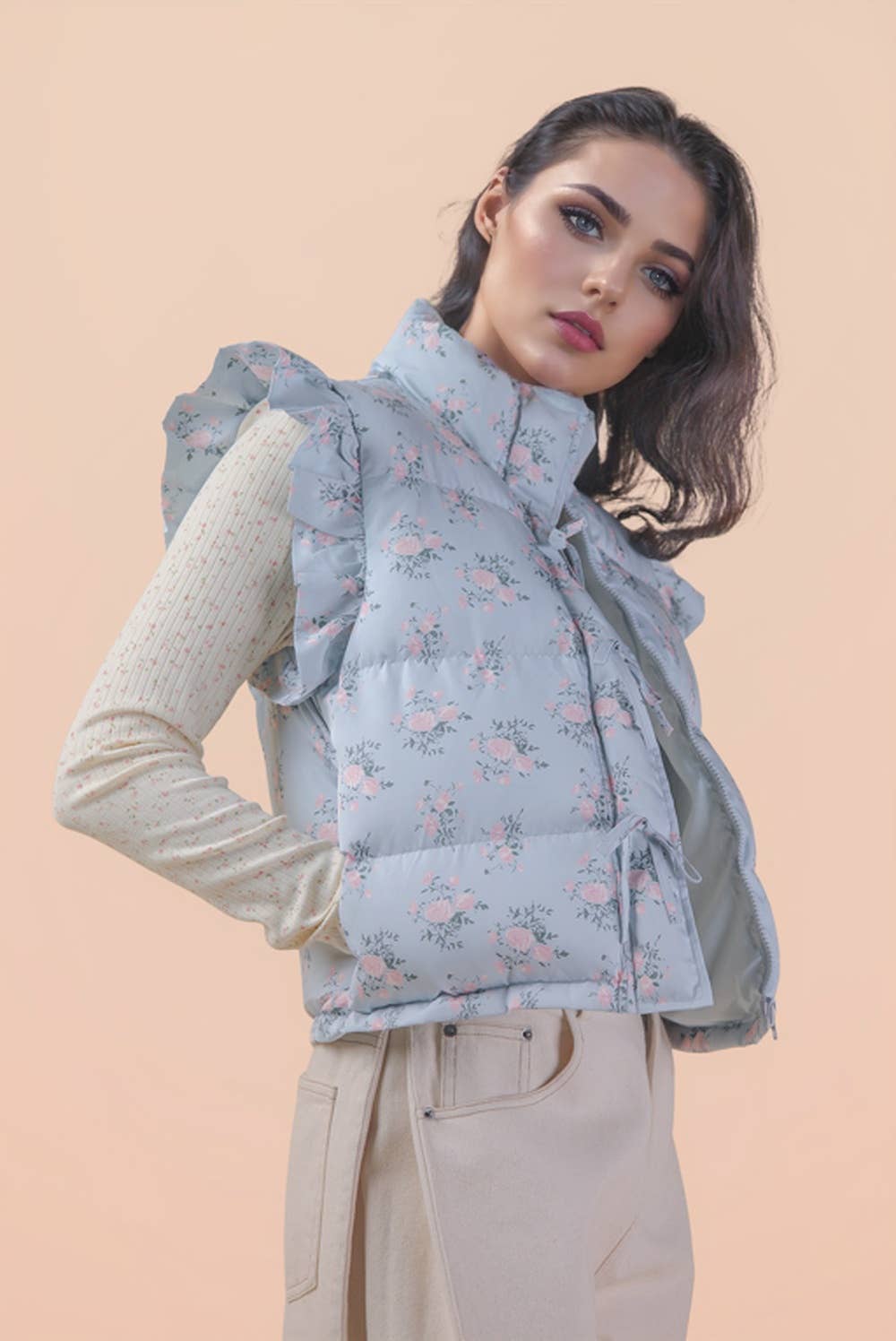 NJ90385-Front Bow Ruffle Sleeve Puffer Vest: SAGE