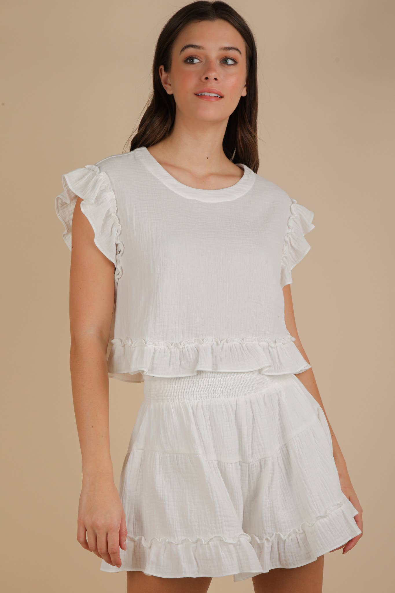 NT12150SET-Ruffled Solid Woven Top & Shorts Set: SAGE