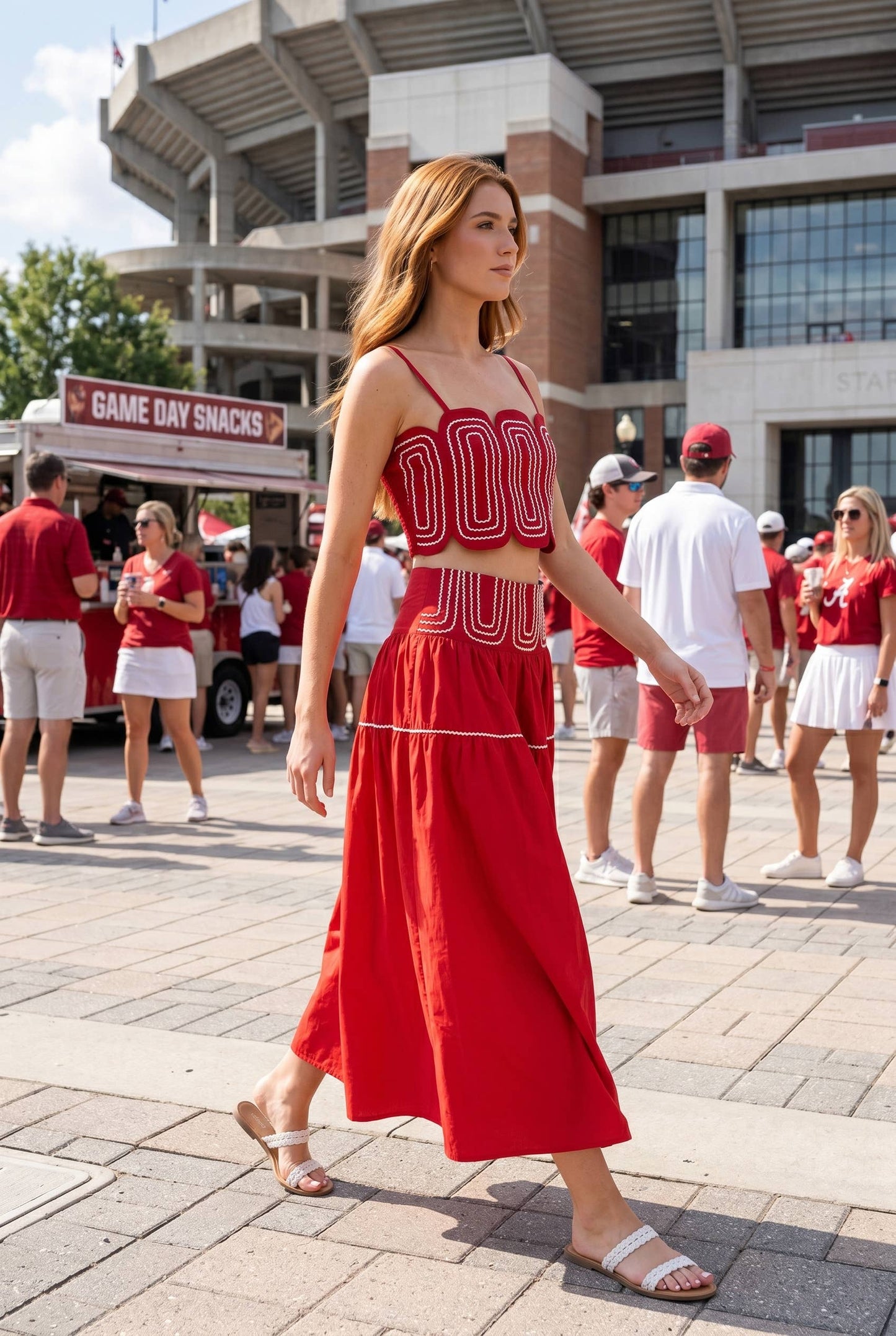 Exclusive Lace Trimmed Top & Skirt Set: CRIMSON/WHITE / L