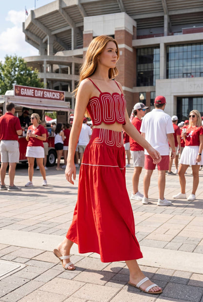 Exclusive Lace Trimmed Top & Skirt Set: CRIMSON/WHITE / L
