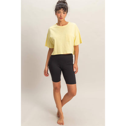 Boxy Crew Neck Top With Pocket: PALE YELLOW