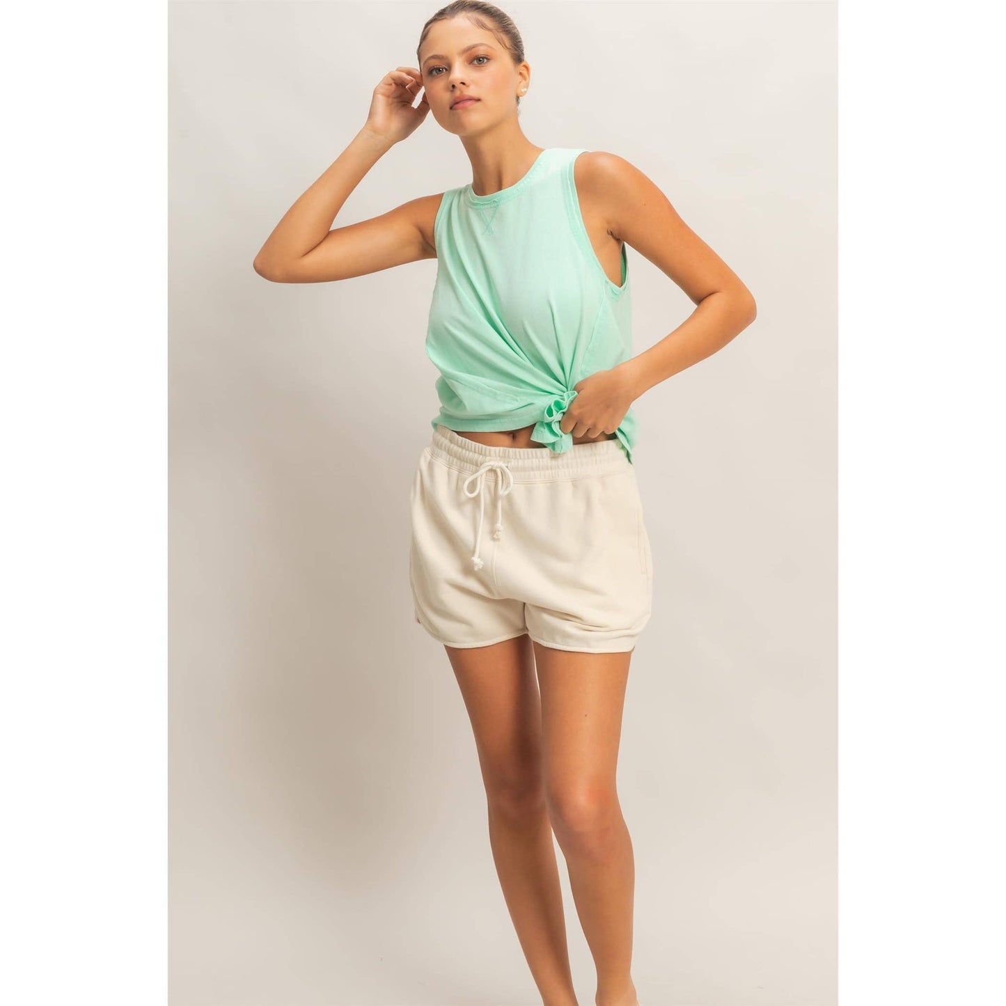 Raw Edge Details Sleeveless Washed Top: MINT
