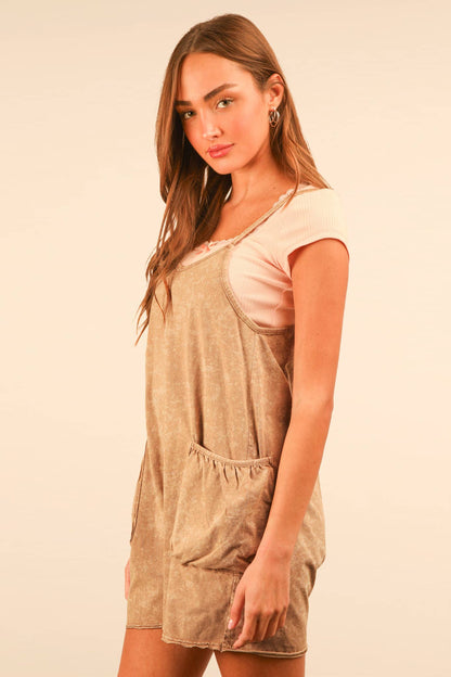 NP70359-Mineral Washed Sleeveless Casual Knit Romper: SUNSET