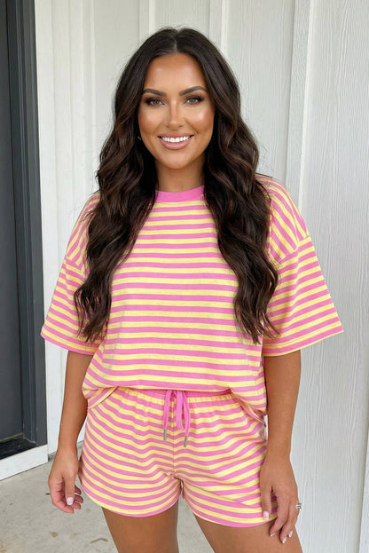LAS Stripe Contrast Trim Boxy Terry Short Set (S-XL): Rose Stripe / Missy