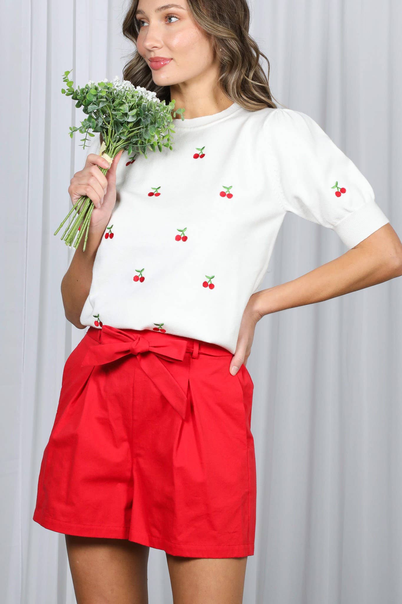 High-Rise Waist Tie 100% Cotton Shorts VP81178: Off White