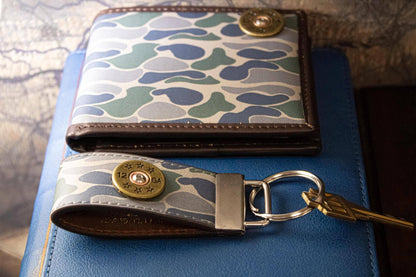 Shotshell Hunting Old School Camo Leather Loop Keychain.: Brown/Tan Camo