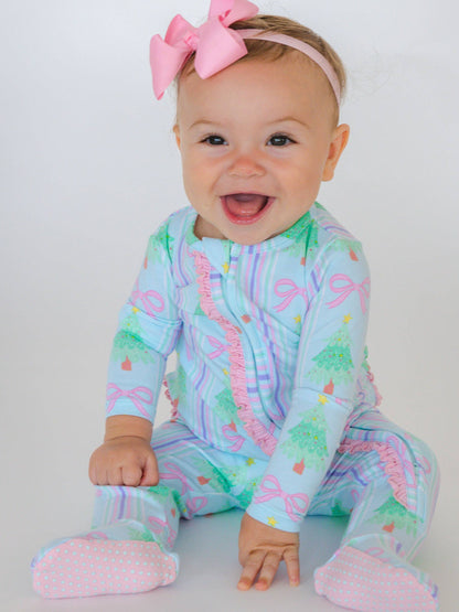 SoftSnooze™ Baby Girls Cotton Modal Merry Bow Dreams Footed Ruffle One Piece Pajama
: Blue