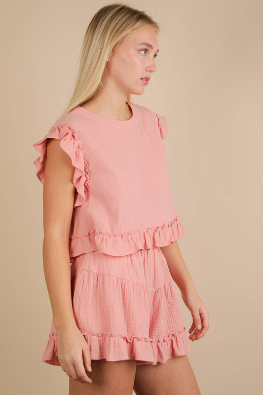 NT12150SET-Ruffled Solid Woven Top & Shorts Set: BLUSH