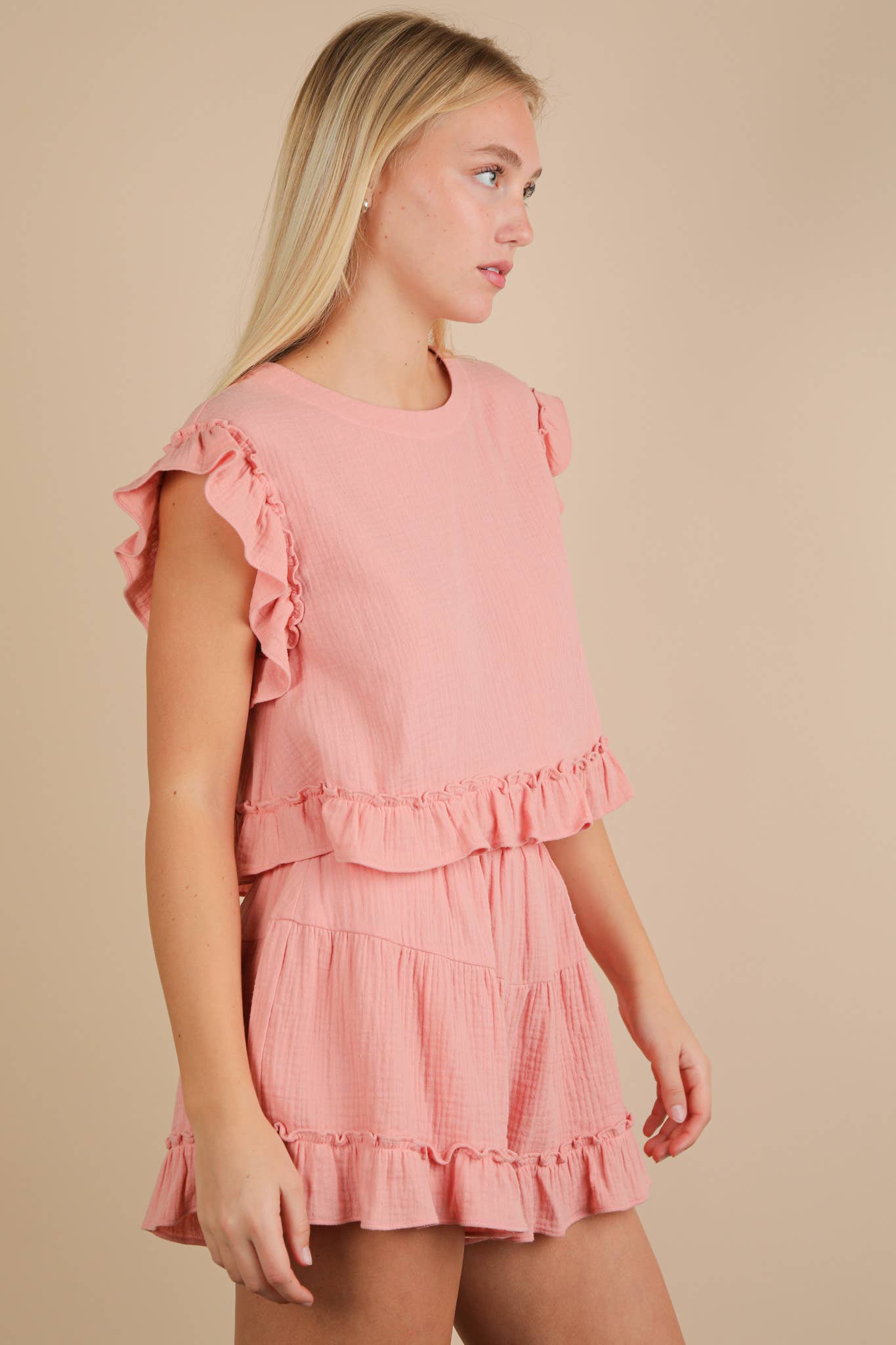 NT12150SET-Ruffled Solid Woven Top & Shorts Set: SAGE