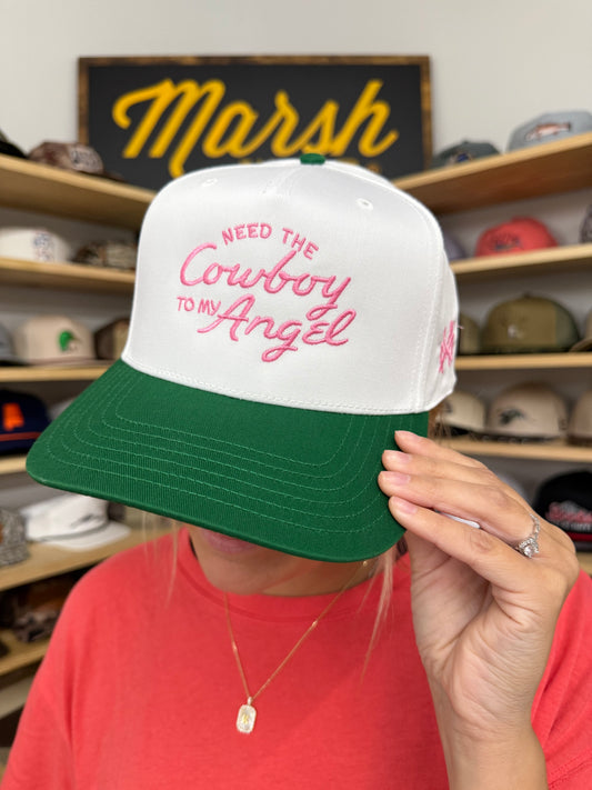 Cowboy To My Angel Trucker Hat: Retro Kelly Green/White