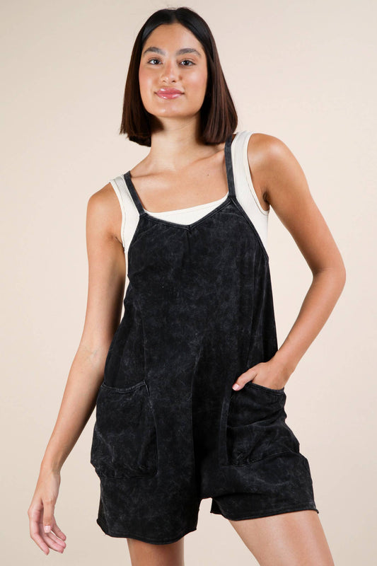 NP70359-Mineral Washed Sleeveless Casual Knit Romper: BLACK