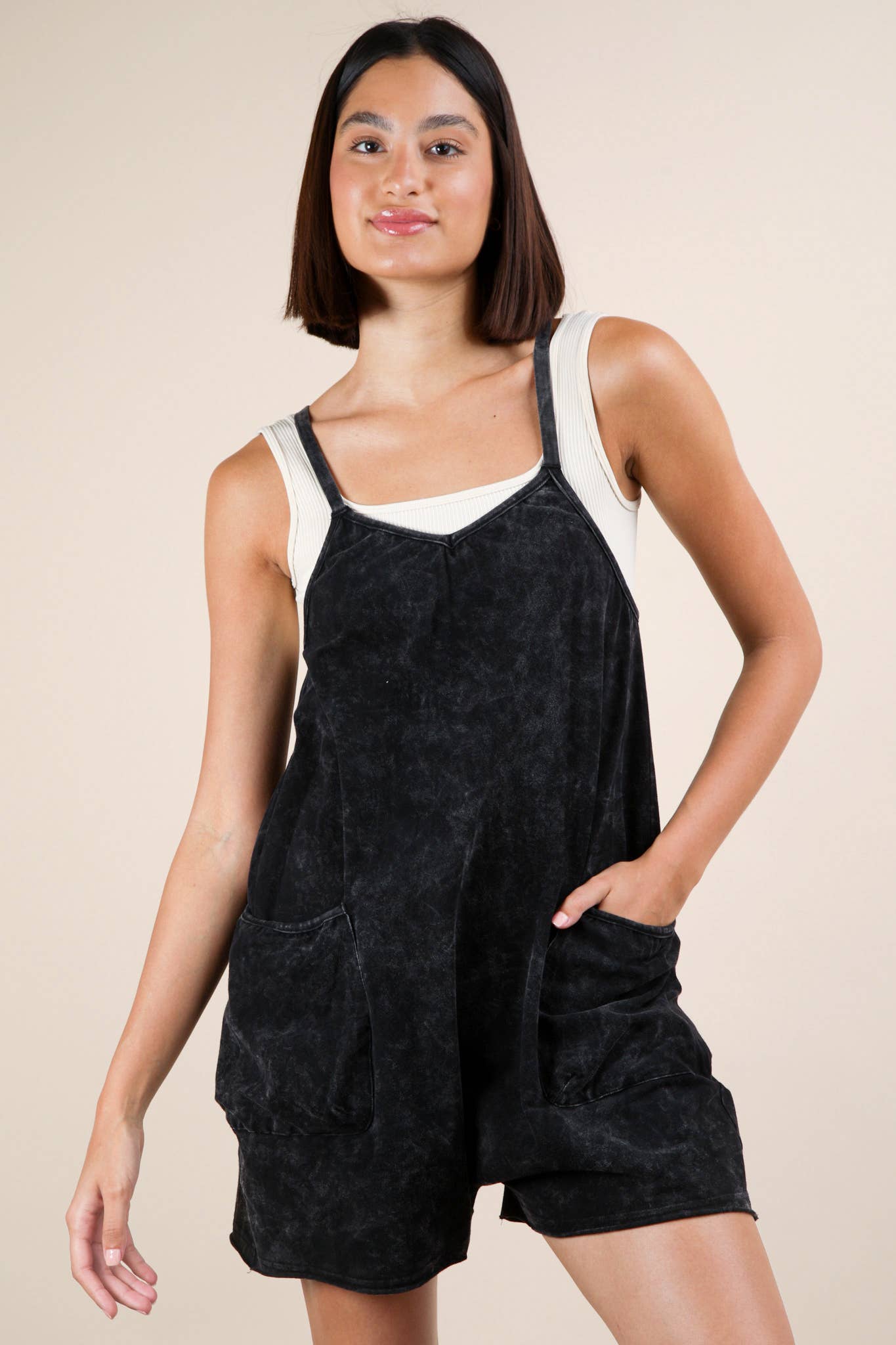 NP70359-Mineral Washed Sleeveless Casual Knit Romper: SUNSET