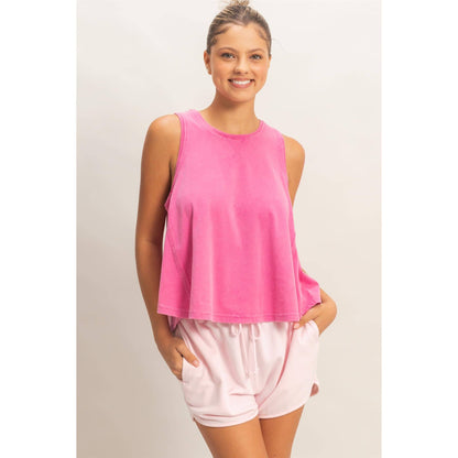 Raw Edge Details Sleeveless Washed Top: FUCHSIA